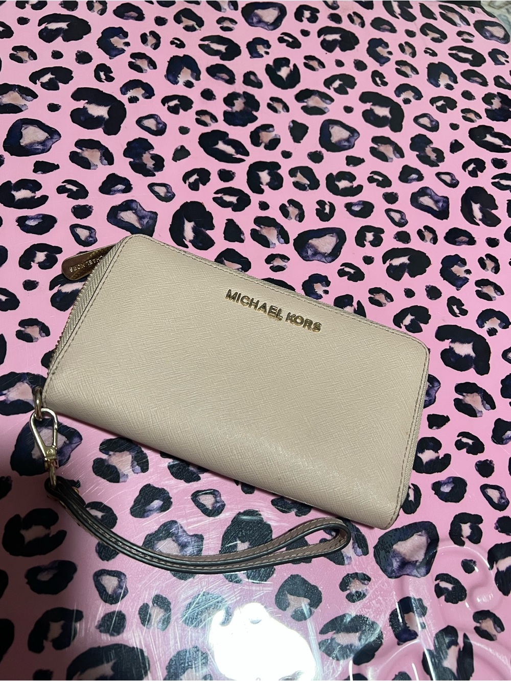 Michael Kors Light Beige Zip-Around Wristlet Wallet with Gold Logo